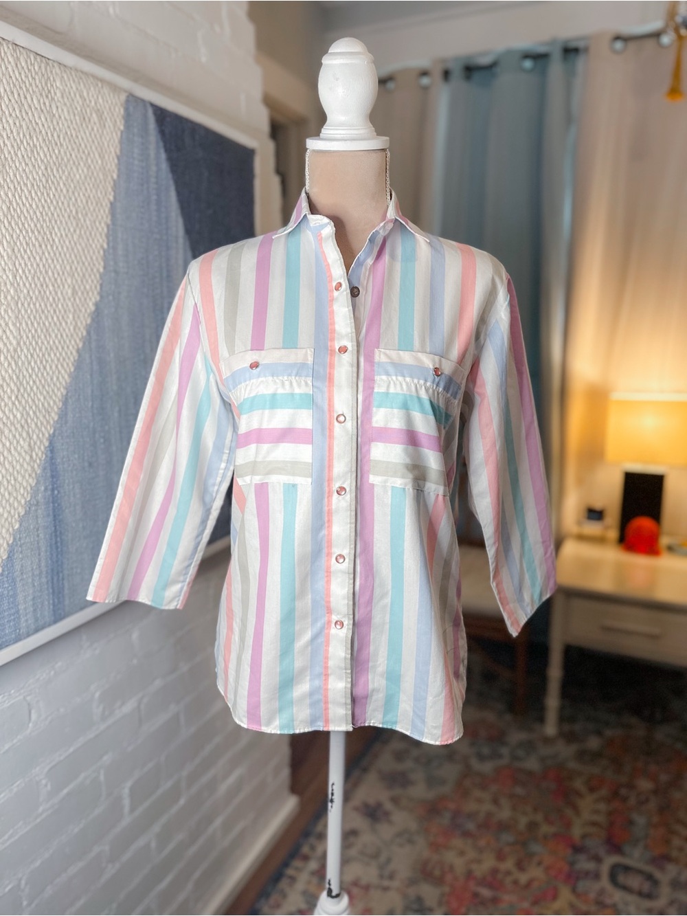 Cameo Rose 80s/90s Pastel and White Striped Snap Up Shirt
